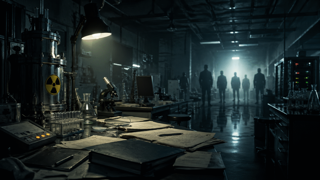 Dimly lit laboratory with scattered documents, scientific equipment, and a microscope in the foreground, while shadowy figures walk through a dark corridor in the background, suggesting mystery and classified research activity.