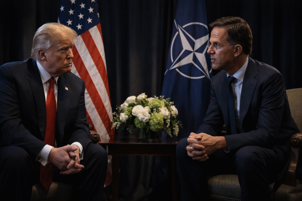 President Donald Trump and NATO Secretary General Mark Rutte seated facing each other in a formal meeting room with U.S. and NATO flags in the background, both appearing serious during discussion.