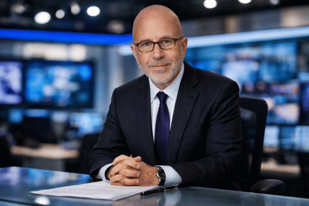 A bald male news anchor with glasses and a trimmed beard sits at a modern newsroom desk, wearing a dark suit and tie, with blurred studio screens in the background.