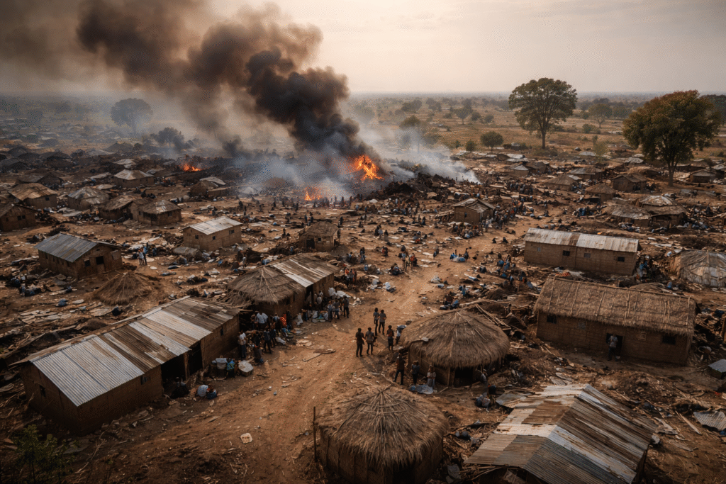 Aerial view of a rural village with widespread destruction and smoke rising from damaged structures, as people move through debris in the aftermath of an apparent airstrike.
