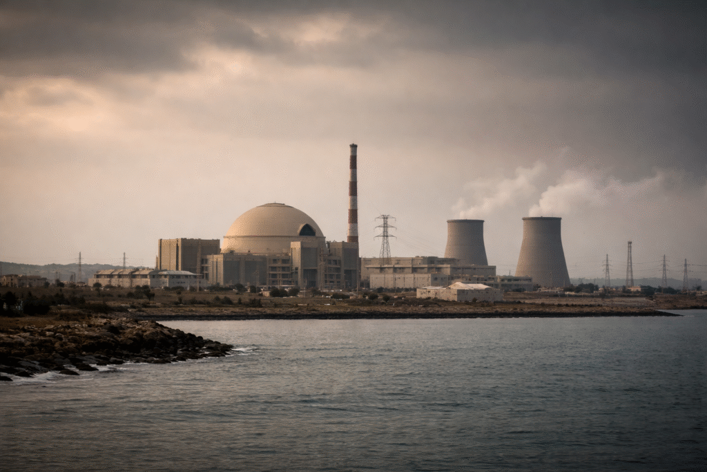 Coastal view of a nuclear power plant with a domed reactor building, cooling towers emitting steam, and industrial structures under a hazy sky by the water.