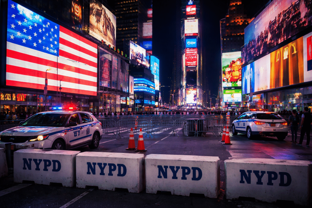 Times Square at night with NYPD barricades and patrol cars blocking access, bright digital billboards illuminating a controlled crowd area with limited pedestrian movement