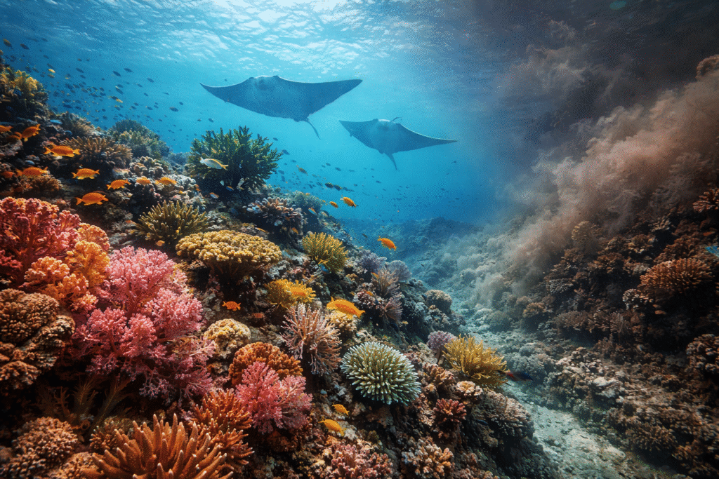 Colorful coral reef with diverse fish and two manta rays swimming above, while a plume of murky sediment drifts through part of the water, indicating environmental impact.