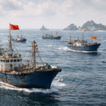 Multiple fishing vessels navigating contested waters near disputed islands with naval ships visible on the horizon, illustrating maritime tensions in the South China Sea