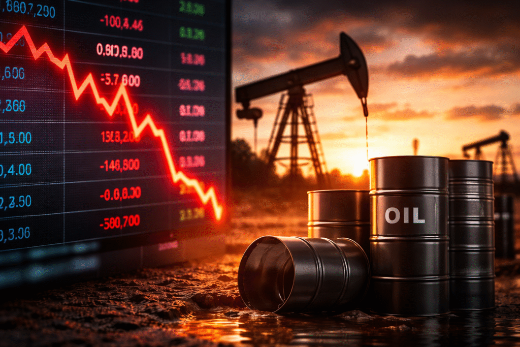 Oil pumpjack operating at sunset with barrels in the foreground while a sharply declining financial chart is displayed on a screen, symbolizing a drop in oil prices.