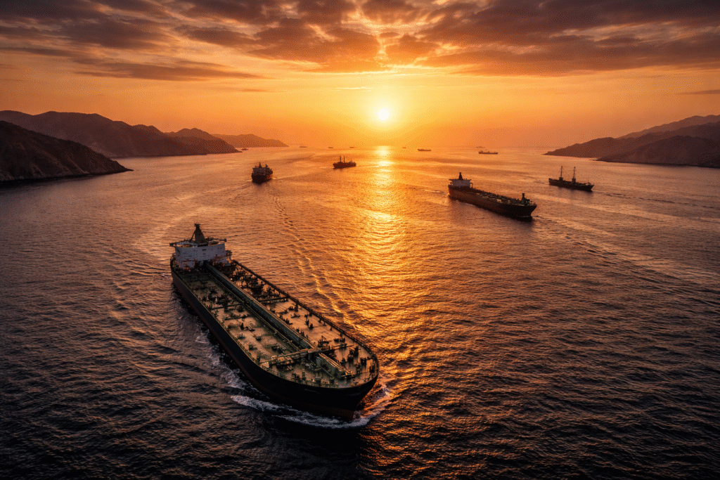 Oil tankers traveling through the Strait of Hormuz at sunset with surrounding coastline and distant vessels, illustrating a key global shipping route under tension.