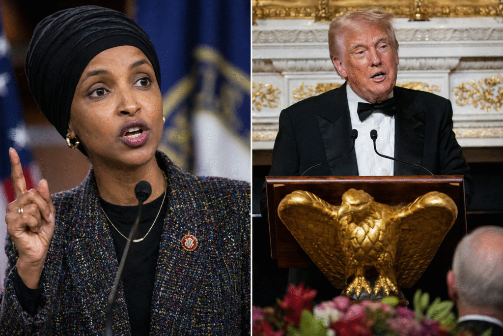 Split image showing a woman speaking into a microphone during a public address on one side and a suited male leader delivering a formal speech at a podium on the other.