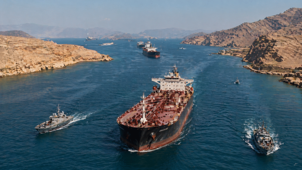 Large oil tanker navigating a narrow strait flanked by arid coastline, escorted by smaller patrol vessels, illustrating a major global shipping route under tension.