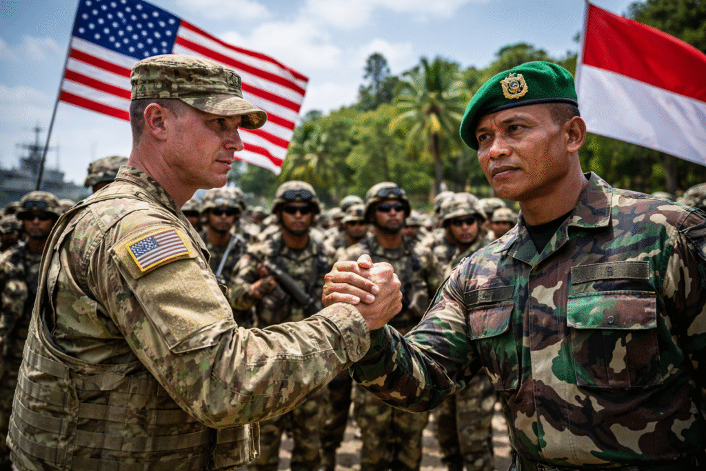 U.S. and Indonesian soldiers shaking hands in front of their national flags, with uniformed troops standing in formation in a tropical setting behind them