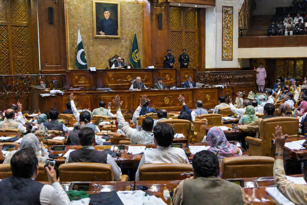 Parliamentary chamber with lawmakers raising hands during a voting session, with officials seated at the front beneath national symbols.