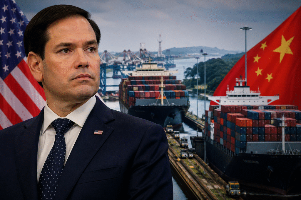 Marco Rubio in a suit in the foreground with cargo ships transiting the Panama Canal behind him, flanked by U.S. and Chinese flags, symbolizing geopolitical trade tensions.