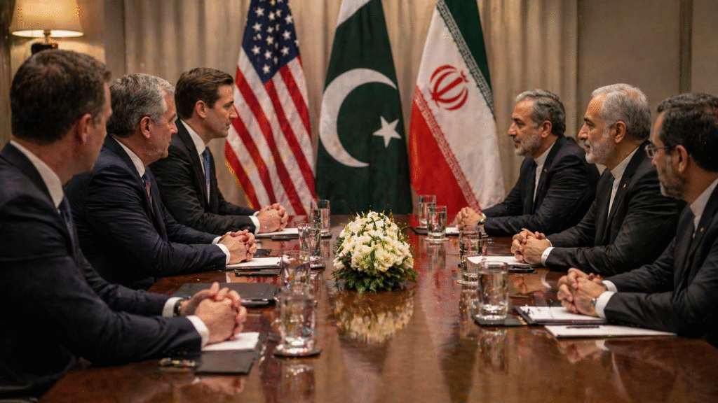 Officials from different countries seated across a conference table during a formal diplomatic meeting, with national flags displayed in the background
