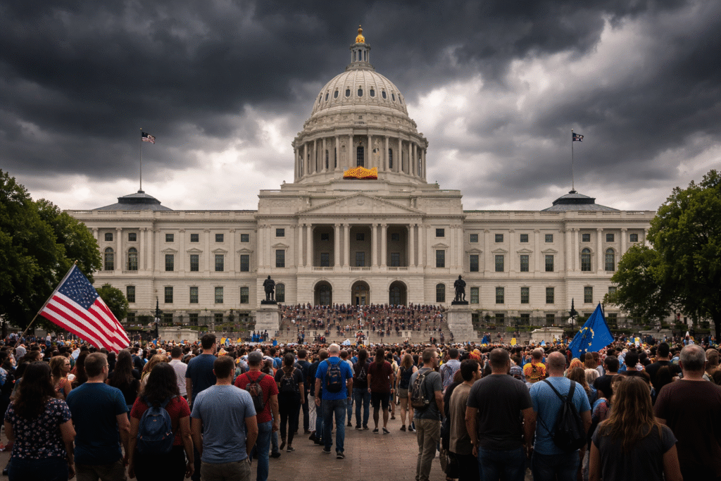 State capitol building with a large crowd gathered in front under dark storm clouds, showing a public demonstration and tense political atmosphere