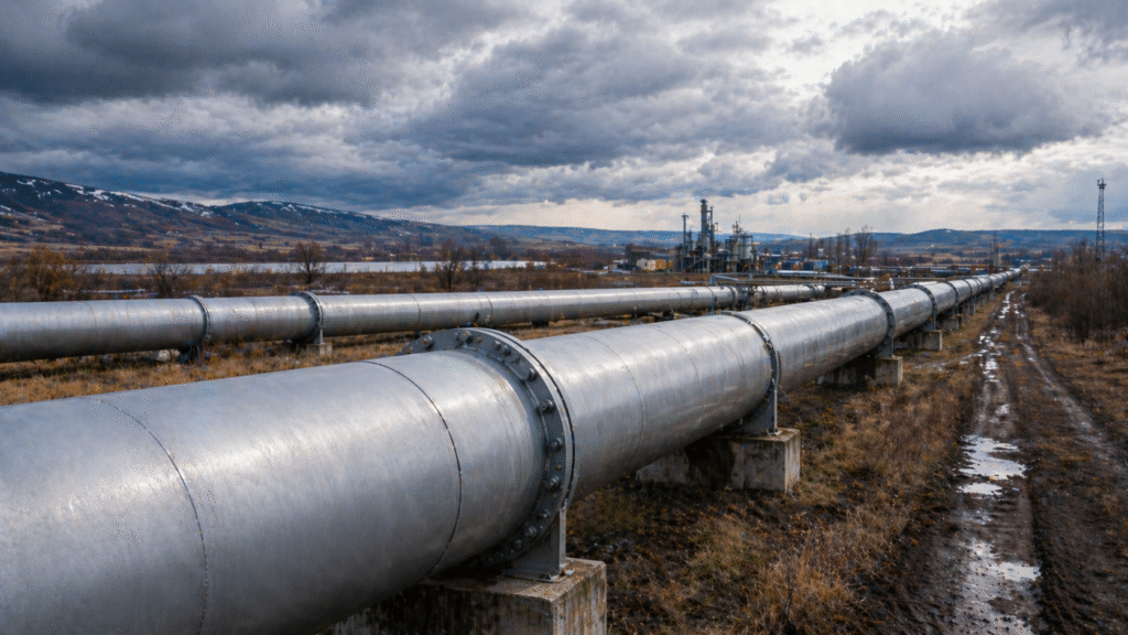 Large industrial oil pipeline stretching across a rural European landscape under overcast skies, with distant infrastructure and muddy terrain, symbolizing energy transport and geopolitical tensions