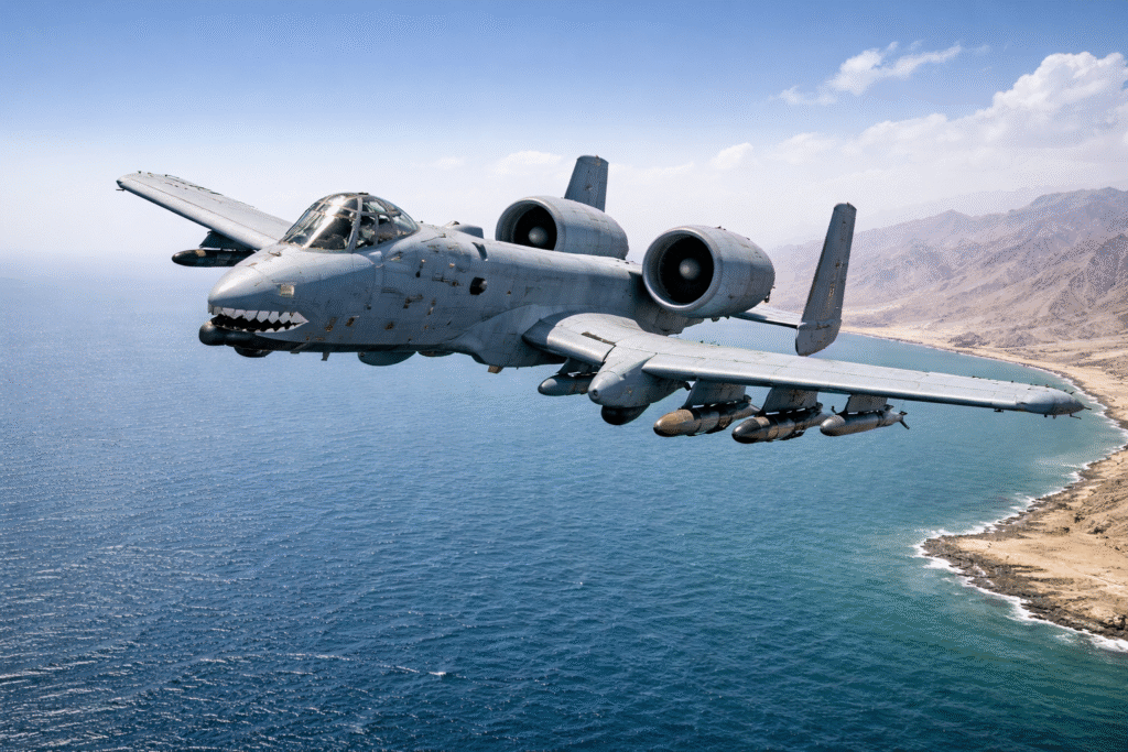 A-10 Warthog flying low over coastal waters with visible weapons and mountainous shoreline in the background