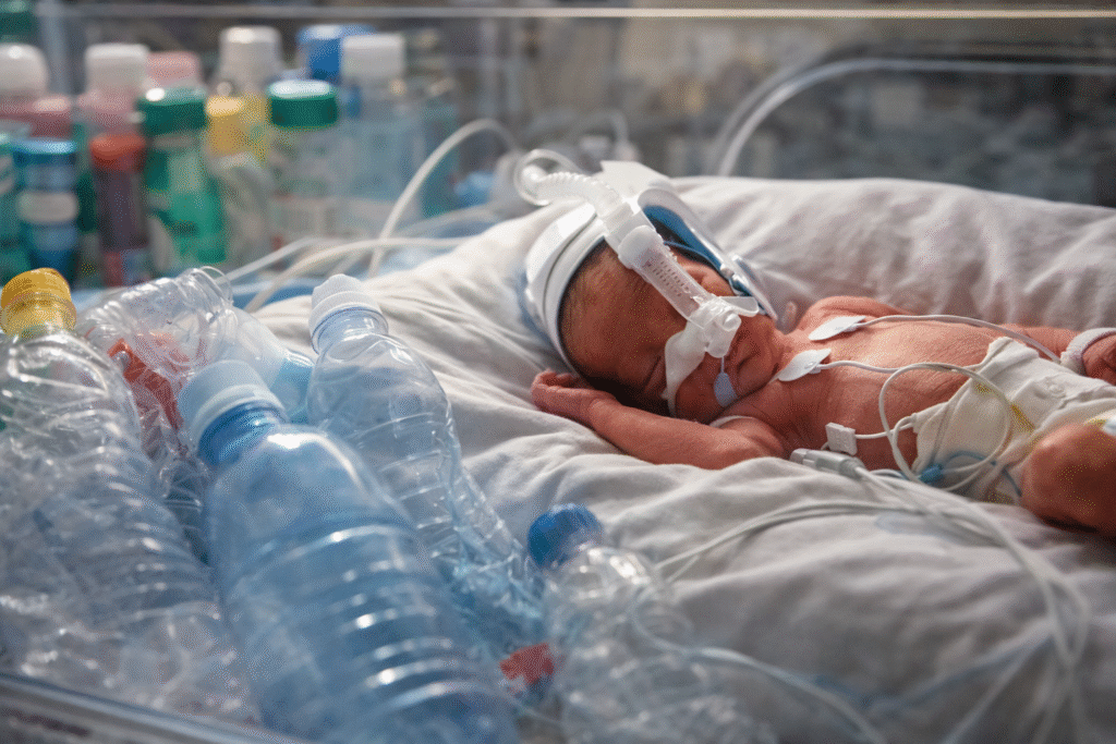 Premature newborn in a hospital incubator receiving medical support, with plastic bottles and containers visible nearby in a clinical setting