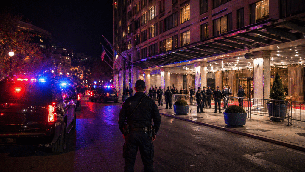 Police vehicles with flashing lights outside a Washington D.C. hotel as officers secure the entrance during a high-security incident at night