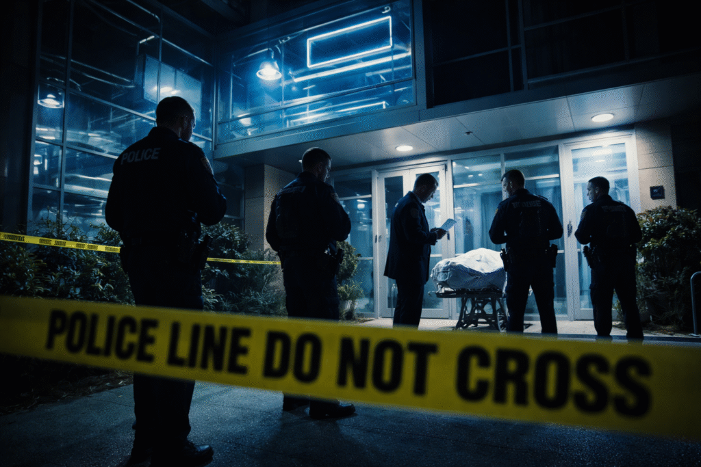 Police officers investigating a nighttime scene outside a modern research facility, with a covered body on a stretcher and caution tape in the foreground