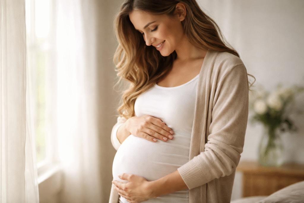 Pregnant woman gently holding her belly near a sunlit window, smiling softly in a calm indoor setting