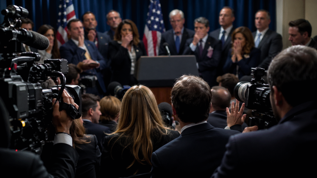 Press conference scene with reporters and cameras focused on an empty podium, officials in the background reacting with concern in a tense political setting
