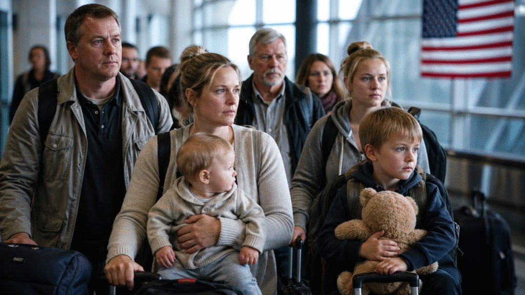 White South African family with children and luggage standing in an airport terminal, with an American flag visible in the background and a serious, uncertain mood