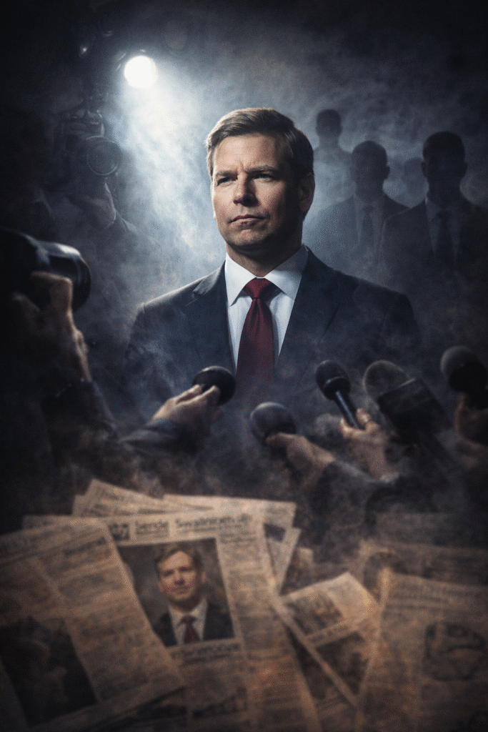 Man in a suit stands under a harsh spotlight while multiple microphones and cameras surround him, with shadowy figures and scattered newspapers in the foreground, symbolizing media scrutiny, scandal, and political pressure.