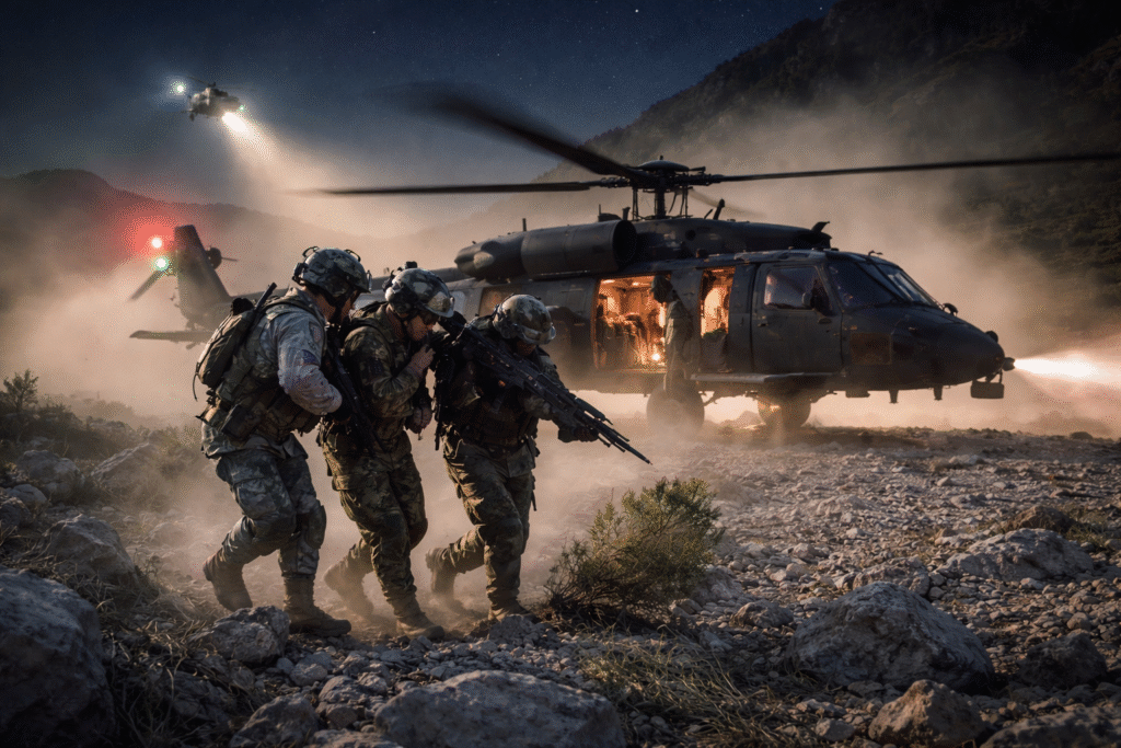 U.S. special operations soldiers assist an injured airman across rocky terrain at night as a military helicopter hovers nearby during a rescue mission in a mountainous area