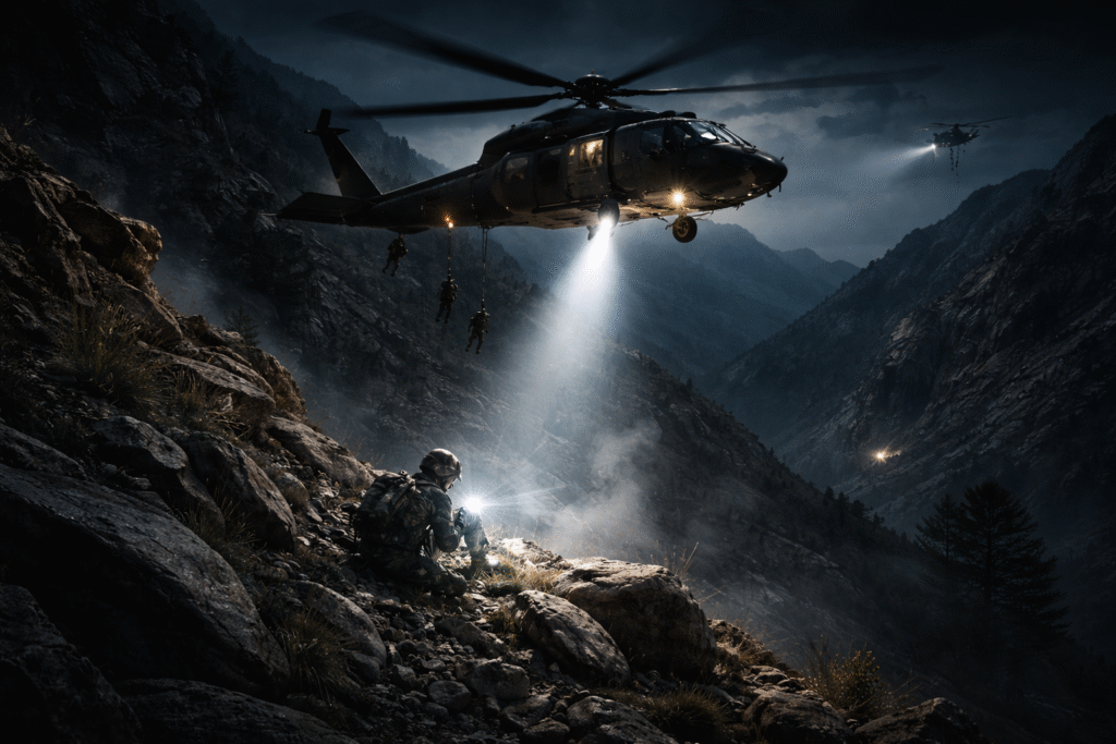 Military helicopter hovering over rugged mountain terrain at night while rescue personnel descend toward a stranded soldier illuminated by a spotlight