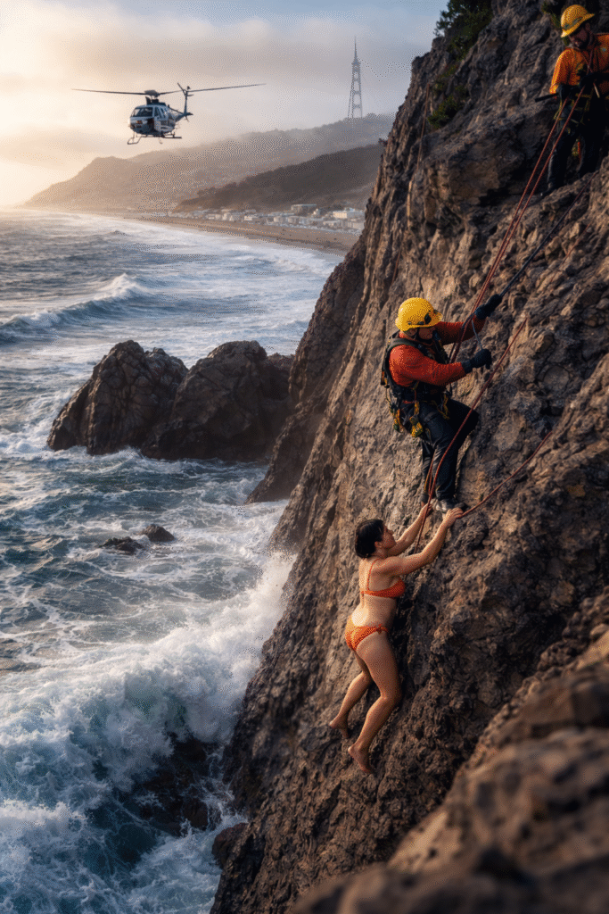 Woman with short dark hair in an orange bikini clings to a steep ocean cliff as rescue workers descend by rope above crashing waves during a coastal rescue operation