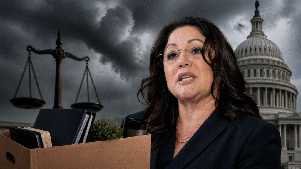 Woman holding a box of office items with U.S. Capitol and scales of justice in the background under dark storm clouds, symbolizing political resignation and controversy