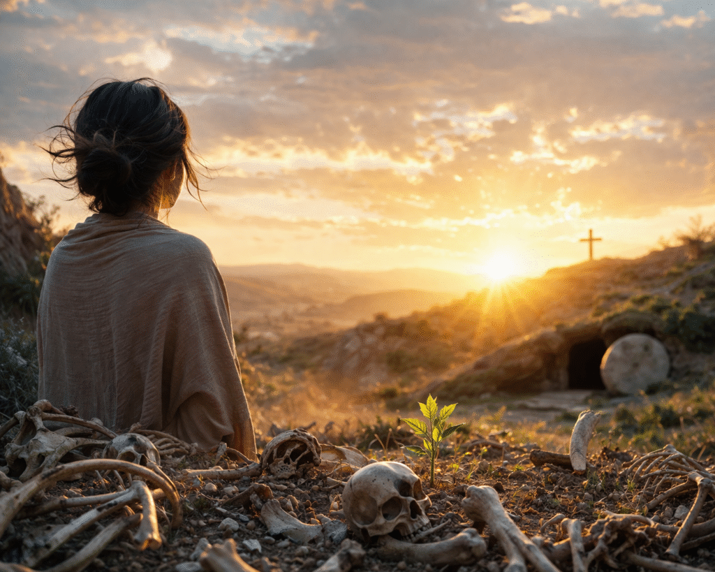 Woman sitting in a valley of dry bones at sunrise looks toward a distant cross as light breaks over the horizon, with a small green plant growing in the foreground symbolizing renewal and hope