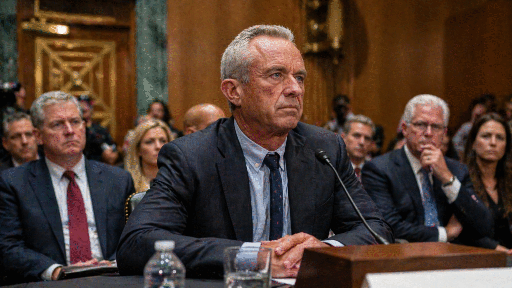 Man seated at a congressional hearing table with a microphone, facing lawmakers in a formal chamber, with officials seated behind him in a tense policy discussion setting.