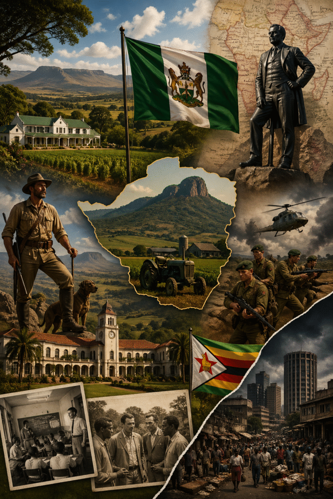 Rhodesian flag over farmland with colonial-era house, statue of a historical figure, soldiers in combat, vintage photos, and modern Zimbabwe city scene showing contrast between past prosperity and present urban conditions