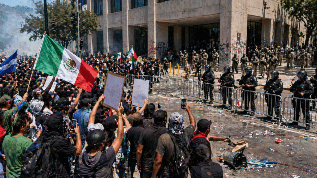 Crowd of protesters facing a line of police in riot gear outside a government building, with barriers, flags, and debris visible on the street
