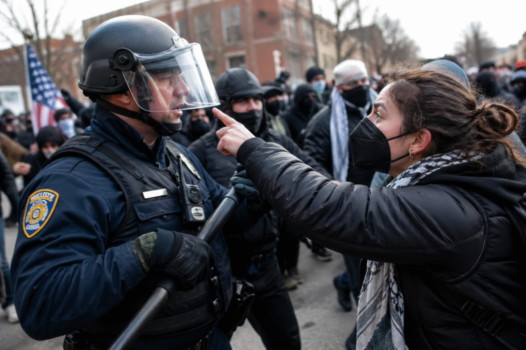 Police officer in riot gear confronts masked protester during tense anti-ICE street demonstration, with crowd gathered in background and visible unrest atmosphere