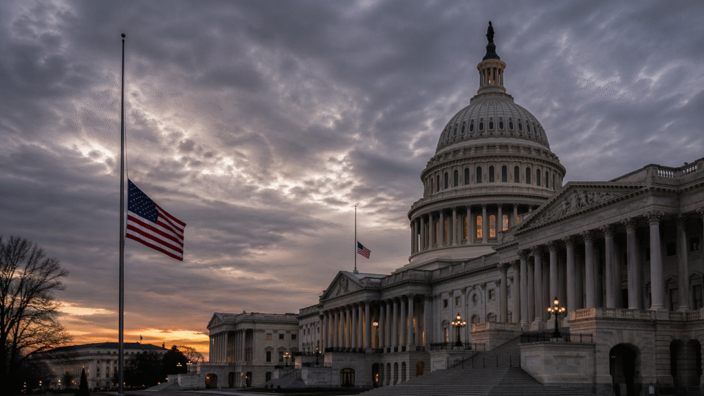 U.S. Capitol building at dusk with American flags at half-staff under a cloudy sky, symbolizing mourning following the death of a member of Congress