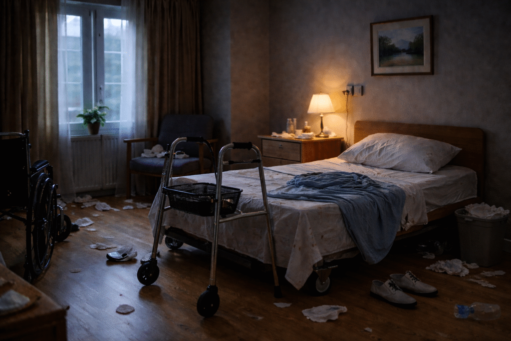 Cluttered elderly care room with an unmade bed, scattered tissues and trash on the floor, a walker nearby, and dim lighting highlighting neglect and disorder.