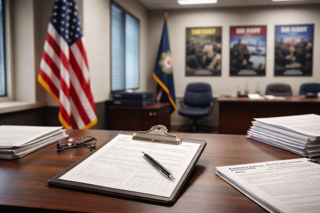 Clipboard with registration form and pen on a desk inside a U.S. military recruitment office, with stacks of paperwork and American flags visible in the background