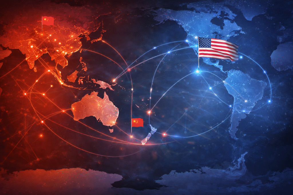 World map showing Latin America connected by global routes, illustrating geopolitical influence between major powers with highlighted regions and network lines.