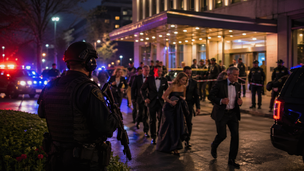 Law enforcement officers stand guard outside a well-lit hotel at night as formally dressed attendees are escorted away, with emergency vehicles and flashing lights indicating an active security response.
