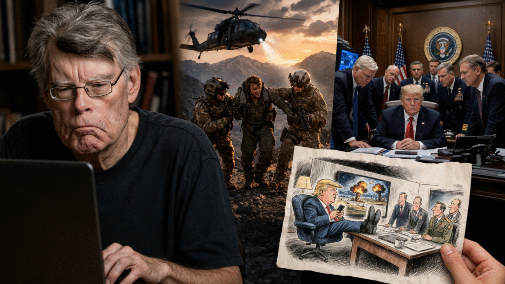 Editorial-style scene showing a displeased older man in the foreground while President Donald Trump and military officials conduct a high-level Situation Room briefing behind him.