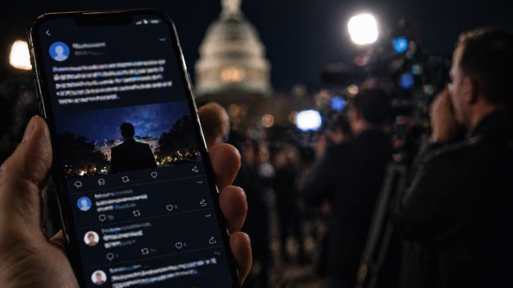 Smartphone displaying a social media feed in the foreground with a blurred crowd of reporters and cameras at a nighttime political scene in the background