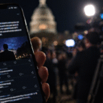 Smartphone displaying a social media feed in the foreground with a blurred crowd of reporters and cameras at a nighttime political scene in the background