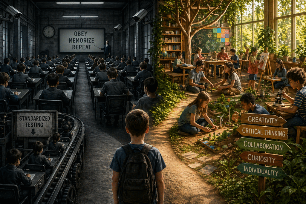Split scene showing rigid classroom with rows of uniform students under surveillance contrasted with bright, open learning space where children collaborate, explore, and engage in creative activities outdoors