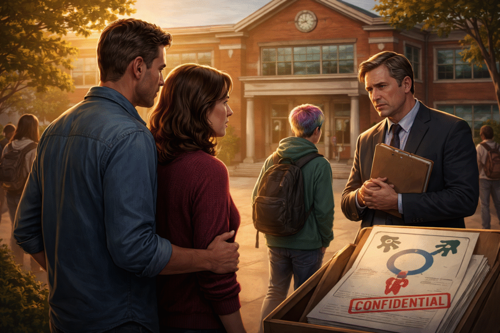 Concerned parents speaking with a school official outside a school building while a student with a backpack walks away, symbolizing a dispute over student identity information and parental awareness