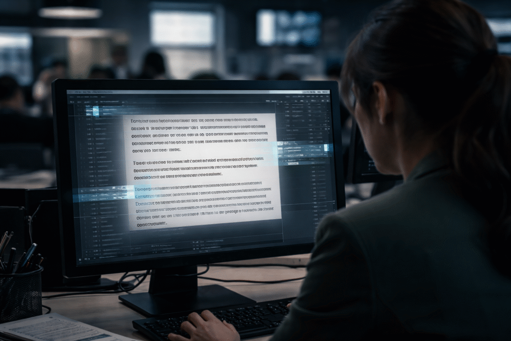 Journalist seated at a computer in a newsroom editing a digital document, with illuminated interface elements suggesting AI-assisted content modification on the screen