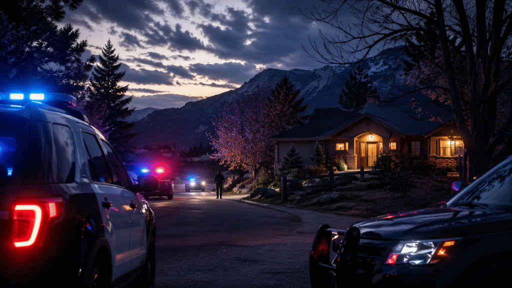 Police vehicles with flashing lights outside a suburban home at dusk, with mountains in the background and an officer standing in the street near the property