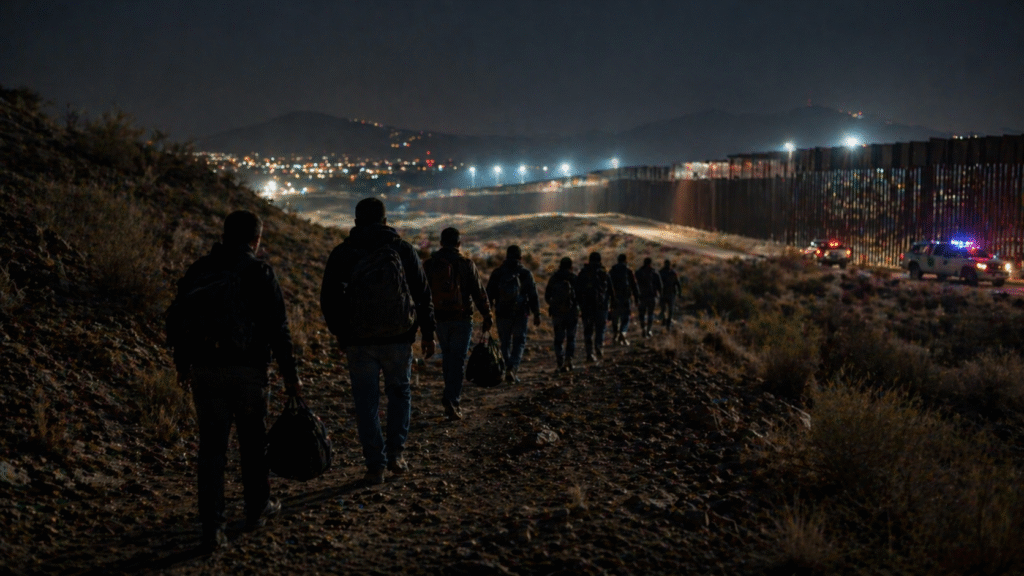 Silhouetted group walking along a rugged border area at night toward a fence with law enforcement vehicles and lights visible in the distance