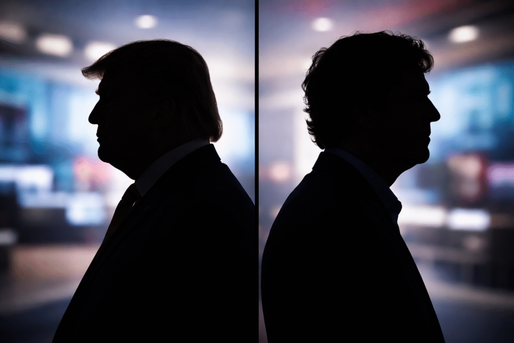 Two silhouetted male figures facing opposite directions against a blurred newsroom background, representing a political comparison between rival public figures