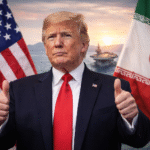 President Donald Trump giving a thumbs-up gesture with American and Iranian flags behind him, and a naval aircraft carrier sailing in the background at sunset.